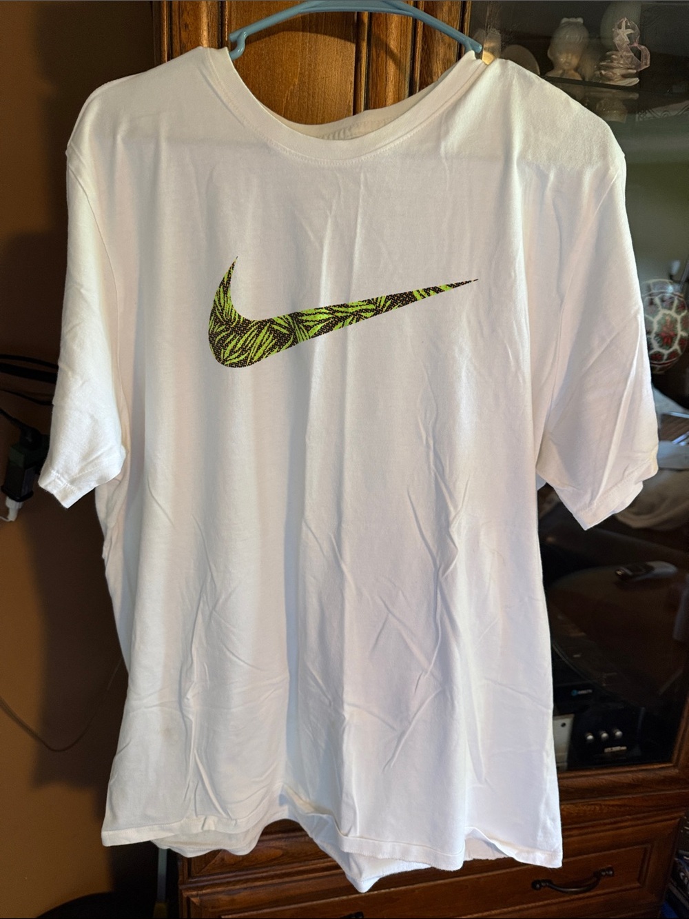 Nike White Tee with Green Patterned Swoosh
